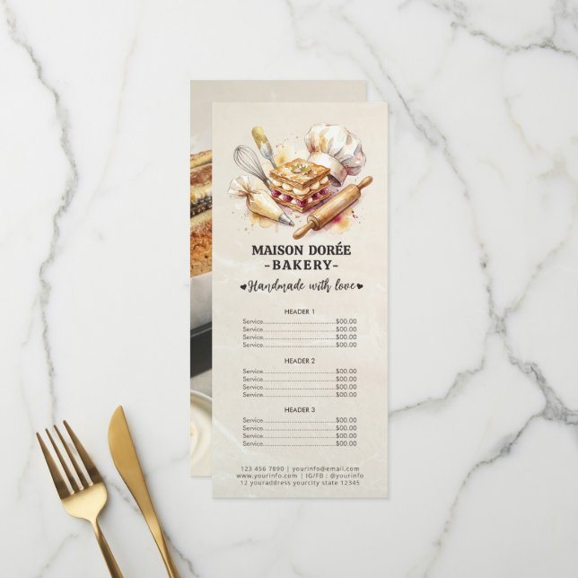 Bakery Pastry Chef Baking Catering Gold Price List Menu (Front/Back In Situ)
