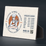 Bakery Pastry Chef Baking Catering Opening Hours Plaque<br><div class="desc">This vintage-style circular logo features a cheerful female pastry chef wearing a traditional white chef's hat and apron. She is framed by a warm orange circular backdrop and holds a wire whisk in one hand and a flaky croissant in the other, symbolizing her culinary expertise. Below her, a blank, elegant...</div>