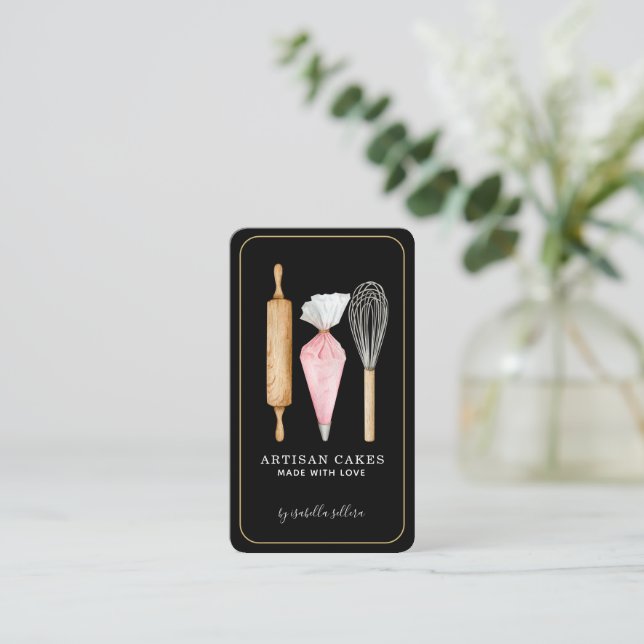 Bakery Pastry Chef Baking Utensils Black Business Card (Standing Front)