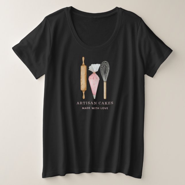 Bakery Pastry Chef  Baking Utensils Black Plus Size T-Shirt (Design Front)