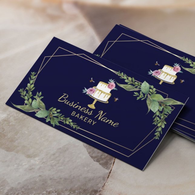 Bakery Pastry Chef Botanical Sweet Cake Navy Business Card (Creator Uploaded)