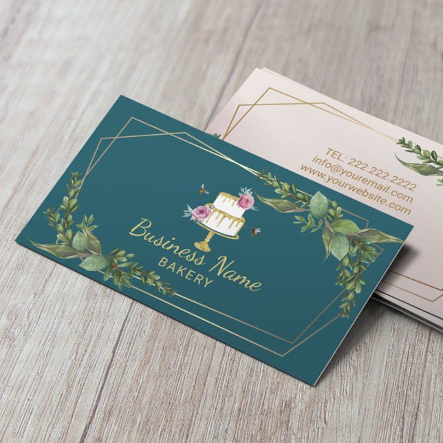 Bakery Pastry Chef Botanical Sweet Cake Teal Business Card (Creator Uploaded)