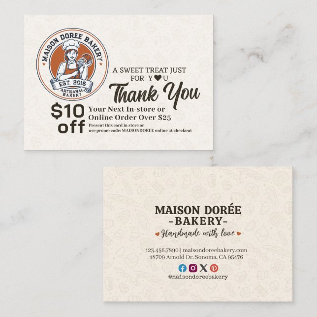 Bakery Pastry Chef Cake Baker Thank You Promo Code Discount Card (Front/Back)