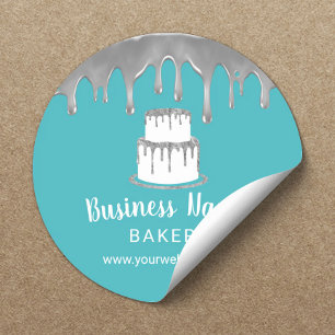 Bakery Pastry Chef Cake Logo Silver & Turquoise Classic Round Sticker