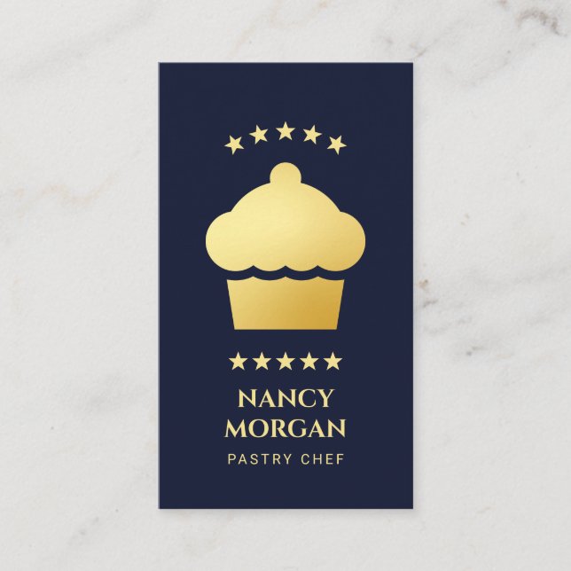 Bakery Pastry Chef Cupcake Navy And Gold  Business Card (Front)