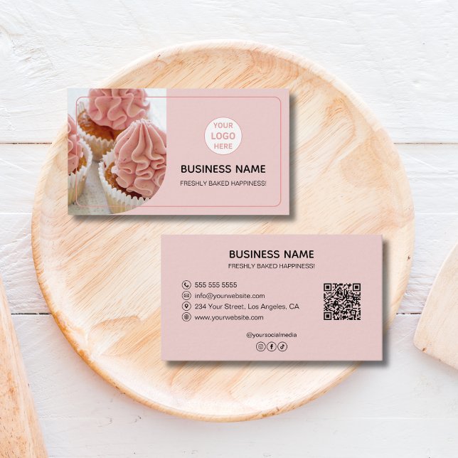Bakery Pastry Chef Custom Logo Photo QR Pink Business Card (Bakery Pastry Chef Custom Logo Photo QR Pink Business Card)