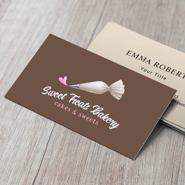 Bakery Pastry Chef Cute Piping Bag & Heart Brown Business Card (Creator Uploaded)