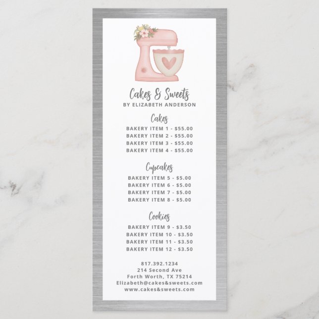Bakery Pastry Chef Dessert Menu Price List (Front)