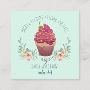 Bakery Pastry Chef Elegant Cupcake Baker Green Square Business Card