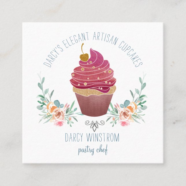 Bakery Pastry Chef Elegant Cupcake Baker Square Business Card (Front)