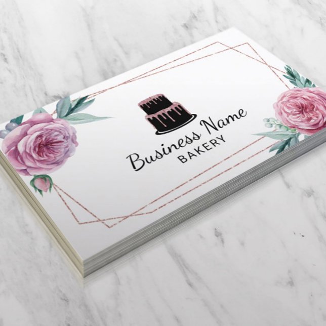 Bakery Pastry Chef Floral Geometric Rose Gold Cake Business Card (Creator Uploaded)