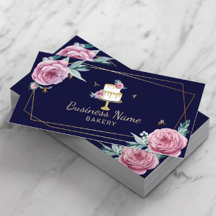 Bakery Pastry Chef Flower & Bees Sweet Cake Navy Business Card