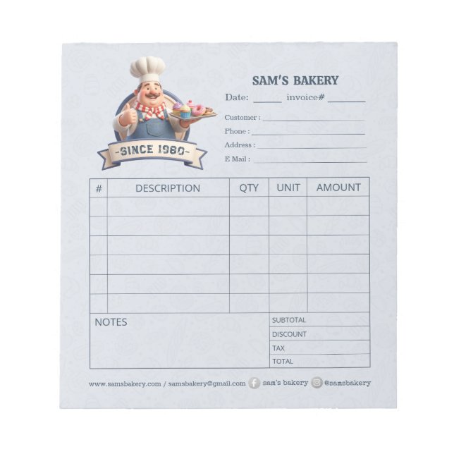 Bakery Pastry Chef Invoice Sale Order Form Receipt Notepad (Front)