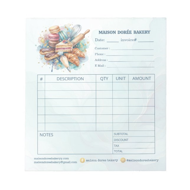 Bakery Pastry Chef Invoice Sale Order Form Receipt Notepad (Front)