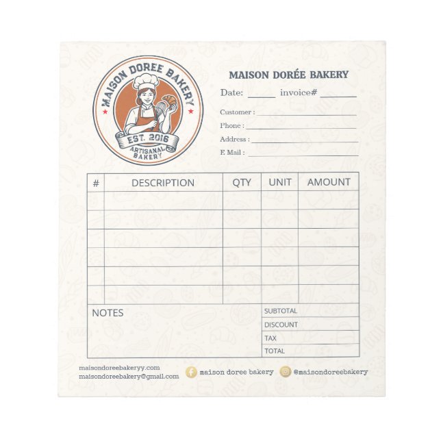 Bakery Pastry Chef Invoice Sale Order Form Receipt Notepad (Front)