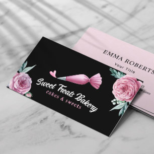 Bakery Pastry Chef Piping Bag & Heart Black Floral Business Card