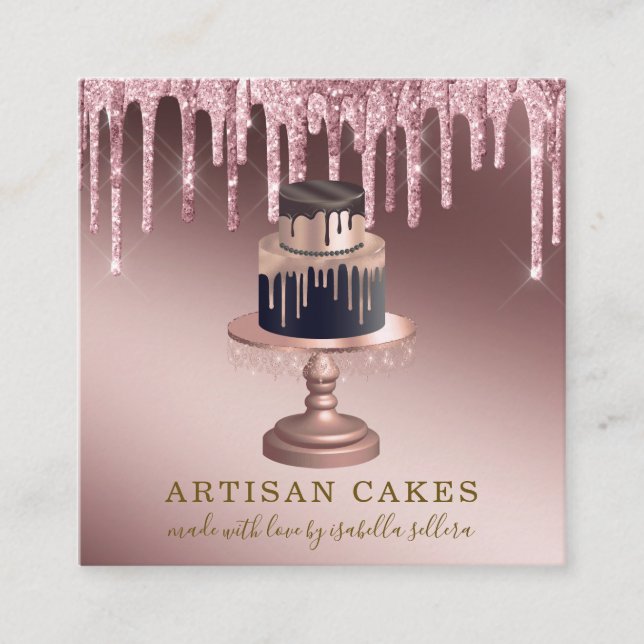 Bakery Pastry Chef Rose Gold Glitter Drips Square  Square Business Card (Front)