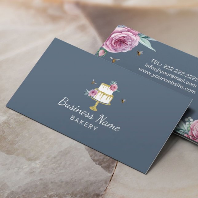 Bakery Pastry Chef Rustic Flower & Bees Dusty Blue Business Card (Creator Uploaded)