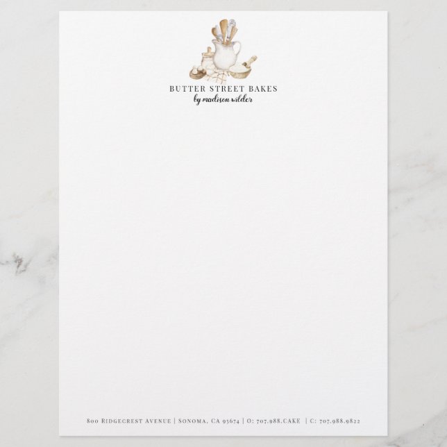 Bakery Pastry Chef  Watercolor Custom Letterhead (Front)