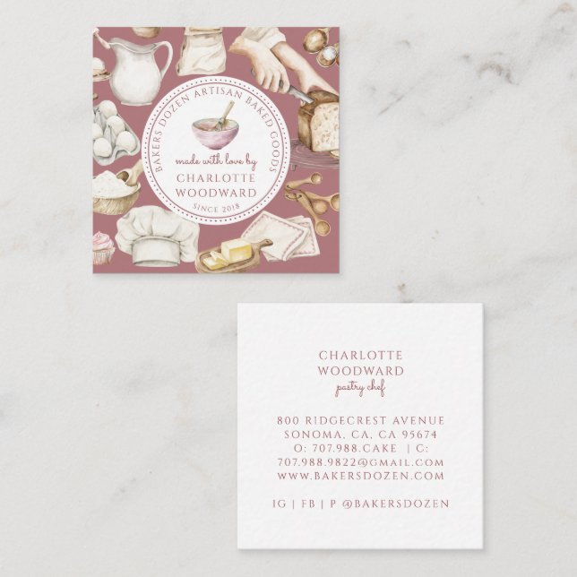 Bakery Pastry Chef Watercolor Dusty Rose Square Business Card (Front/Back)