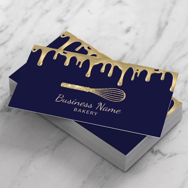 Bakery Pastry Chef Whisk Logo Modern Navy & Gold Business Card (Creator Uploaded)