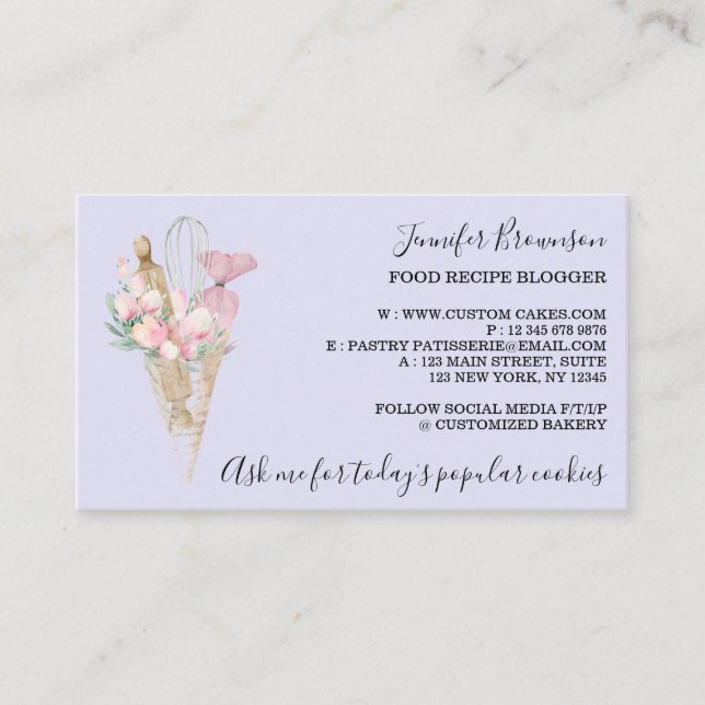 Bakery Pastry Flowers Boho Creative chef lilac Business Card (Front)