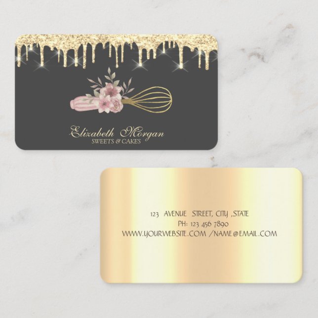 Bakery Pastry Hand Tools Gold Drips Roses Business Card (Front/Back)