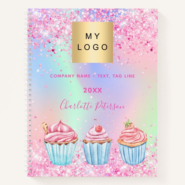 Bakery pastry shop glitter cupcakes name notebook (Front)