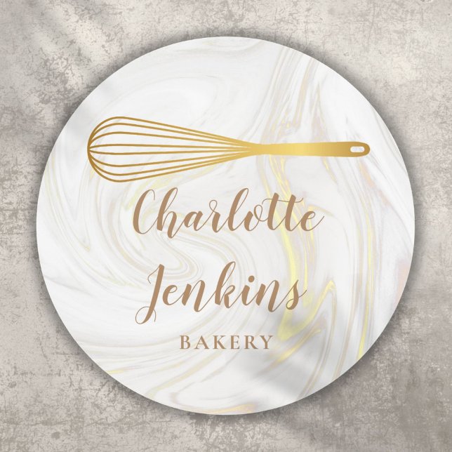 Bakery Patisserie Marble Swirls Gold Whisk  Classic Round Sticker (Bakery Patisserie Marble Swirls Gold Whisk Classic Round Sticker)
