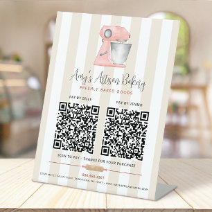 Bakery Peach Mixer 2 QR Code Beige Stripe Pay Here Pedestal Sign