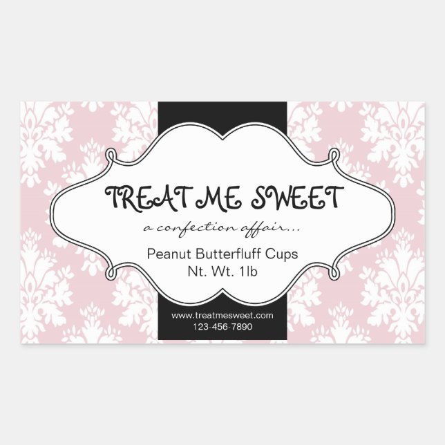 Bakery Product Label Pink Damask Rectangle 2 (Front)