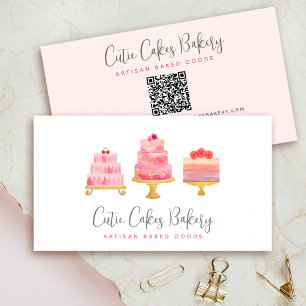 Bakery QR Code 3 Blush Pink Cakes Pastry Chef Cute Business Card