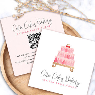 Bakery QR Code Blush Pink Cake Pastry Chef Minimal Square Business Card