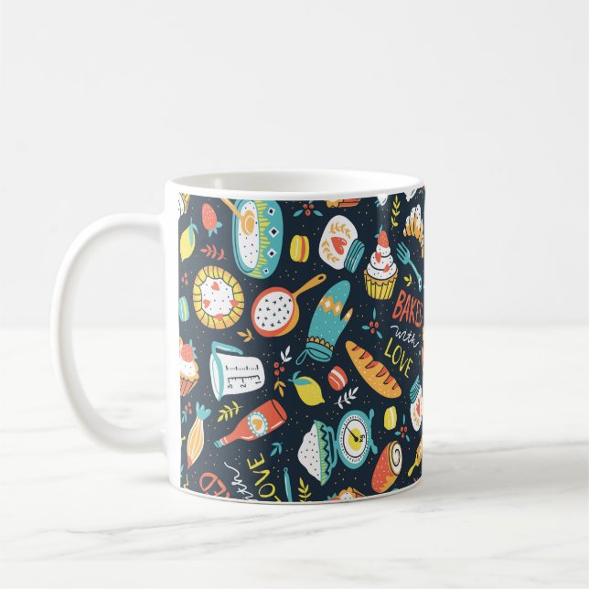 Bakery retro seamless pattern with dots and floral coffee mug (Left)