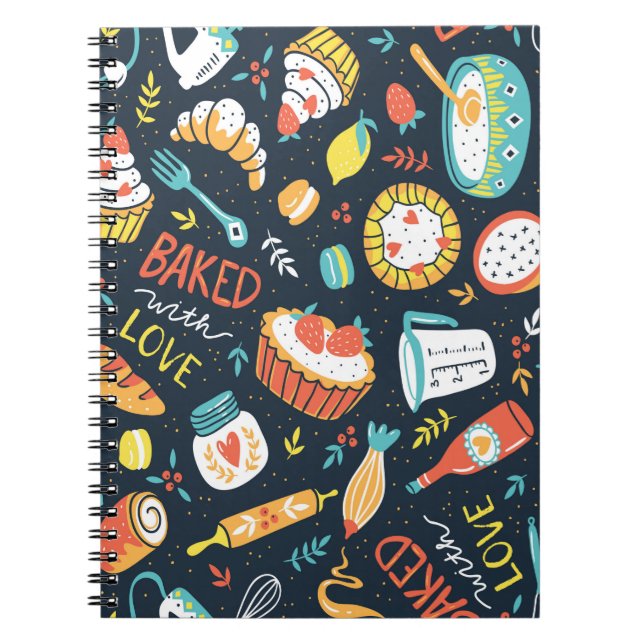 Bakery retro seamless pattern with dots and floral notebook (Front)