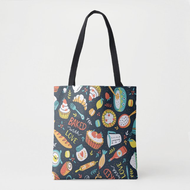 Bakery retro seamless pattern with dots and floral tote bag (Front)