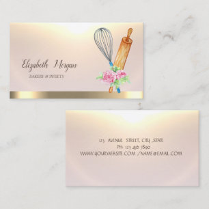 Bakery Rolling Pin Whisk Flowers Gold Business Card