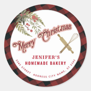 Bakery rolling pin whisk holiday packaging plaid classic round sticker