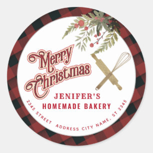 Bakery rolling pin whisk holiday packaging plaid classic round sticker