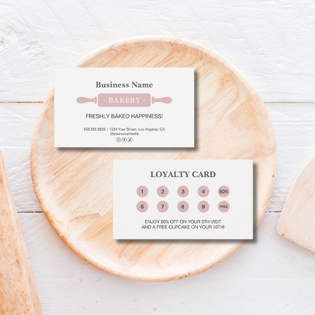 Bakery Rolling Pin White Pink Business Reward Loyalty Card (Bakery Rolling Pin White Pink Business Reward Loyalty Card)