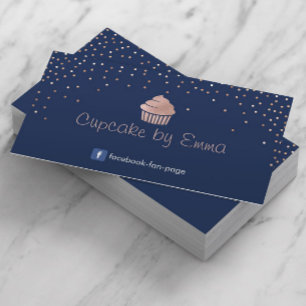 Bakery Rose Gold Cupcake Modern Confetti Navy Blue Business Card