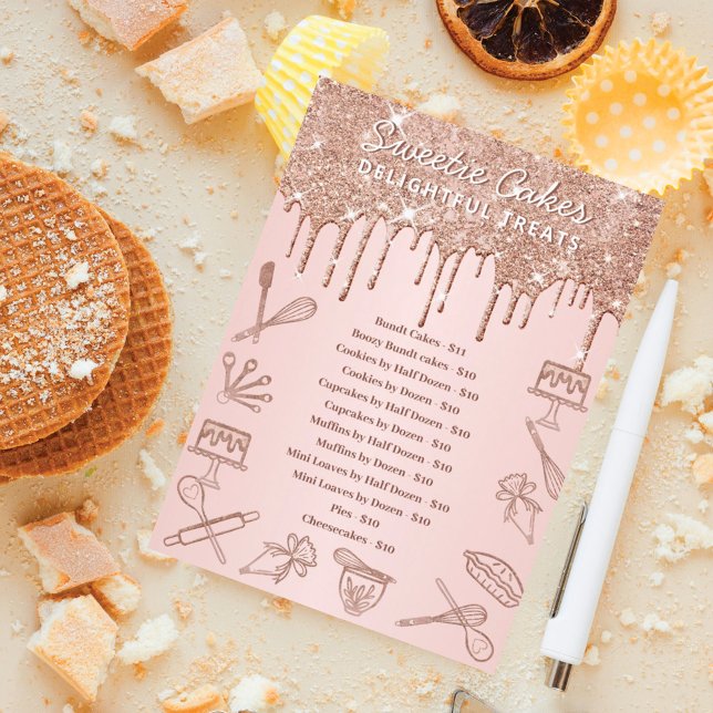 Bakery Rose Gold Glitter Pink Drip Price List Menu (Creator Uploaded)