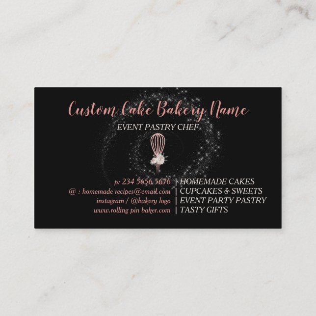 Bakery Sparkling Whisk Logo Home Bakery Black Business Card (Back)