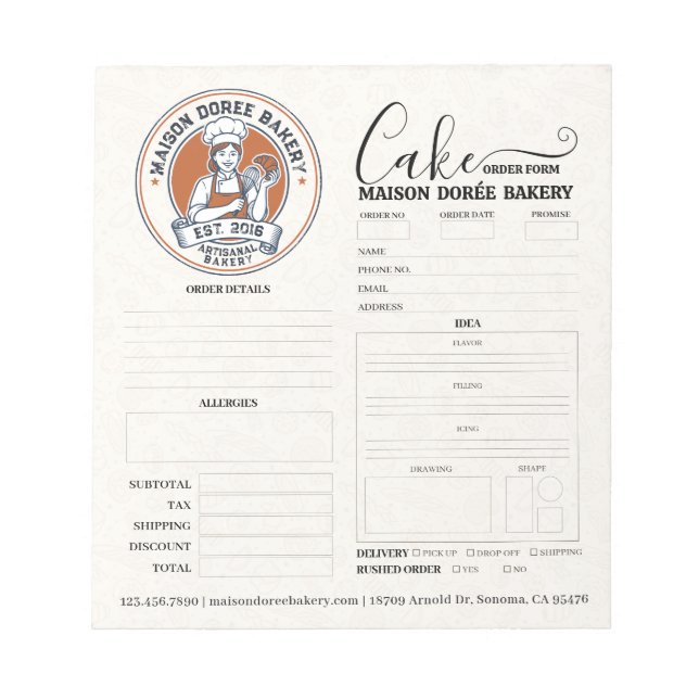 Bakery Store Pastry Chef Cake Baker Order Form Not Notepad (Front)