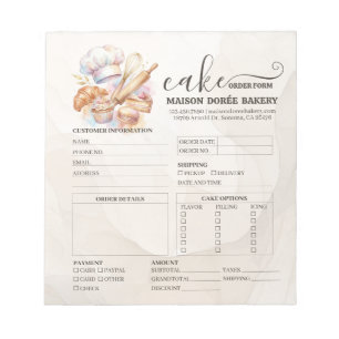 Bakery Store Pastry Chef Cake Baker Order Form Notepad