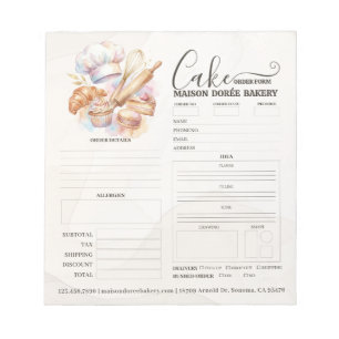 Bakery Store Pastry Chef Cake Baker Order Form Notepad