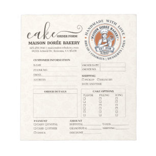 Bakery Store Pastry Chef Cake Baker Order Form Notepad