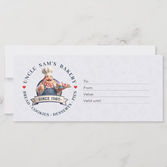 Bakery Store Pastry Chef Desserts Gift Certificate (Front)