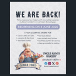 Bakery Store Pastry Chef Desserts Grand Reopening Flyer<br><div class="desc">A charming 3D cartoon illustration of a friendly, portly pastry chef with a cheerful smile and a well-groomed mustache. He is dressed in a professional white chef's hat (toque), a vibrant red-and-white striped neckerchief, and blue denim overalls over a white shirt. The chef gives an enthusiastic thumbs-up while balancing a...</div>