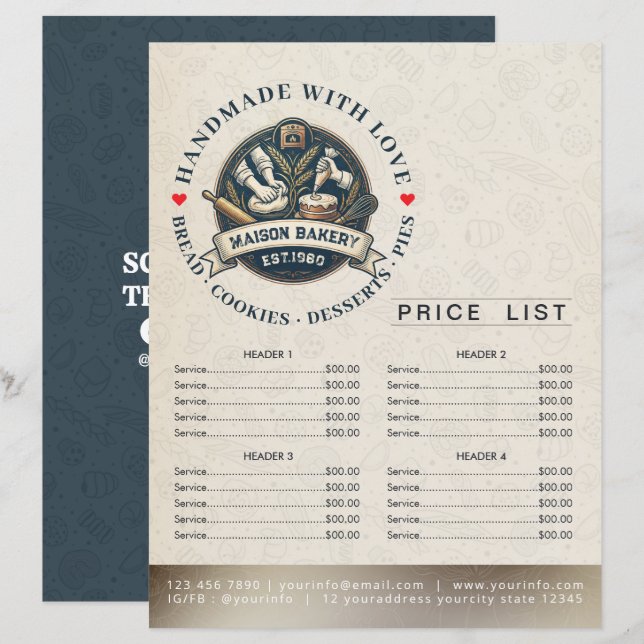 Bakery Store Pastry Chef Menu Price List Pay Here (Front/Back)